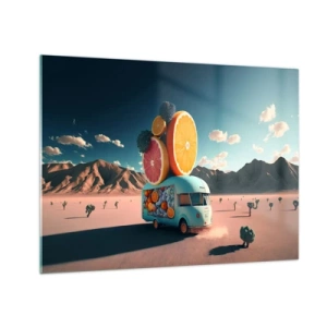 Obraz na skle - Tyrkysový karavan s ovocem na pozadí pouštní krajiny - 70x50cm - Chuť prázdnin - Moderní nástěnná dekorace do obývacího pokoje a ložnice ARTTOR