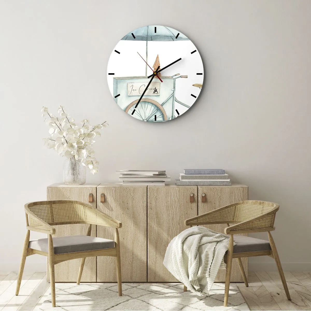 Nástěnné hodiny - Kolo se zmrzlinou a květinami v pastelových akvarelech - 30x30cm - Sladká vzpomínka na léto - Moderní nástěnná dekorace do obývacího pokoje, kuchyně a ložnice ARTTOR