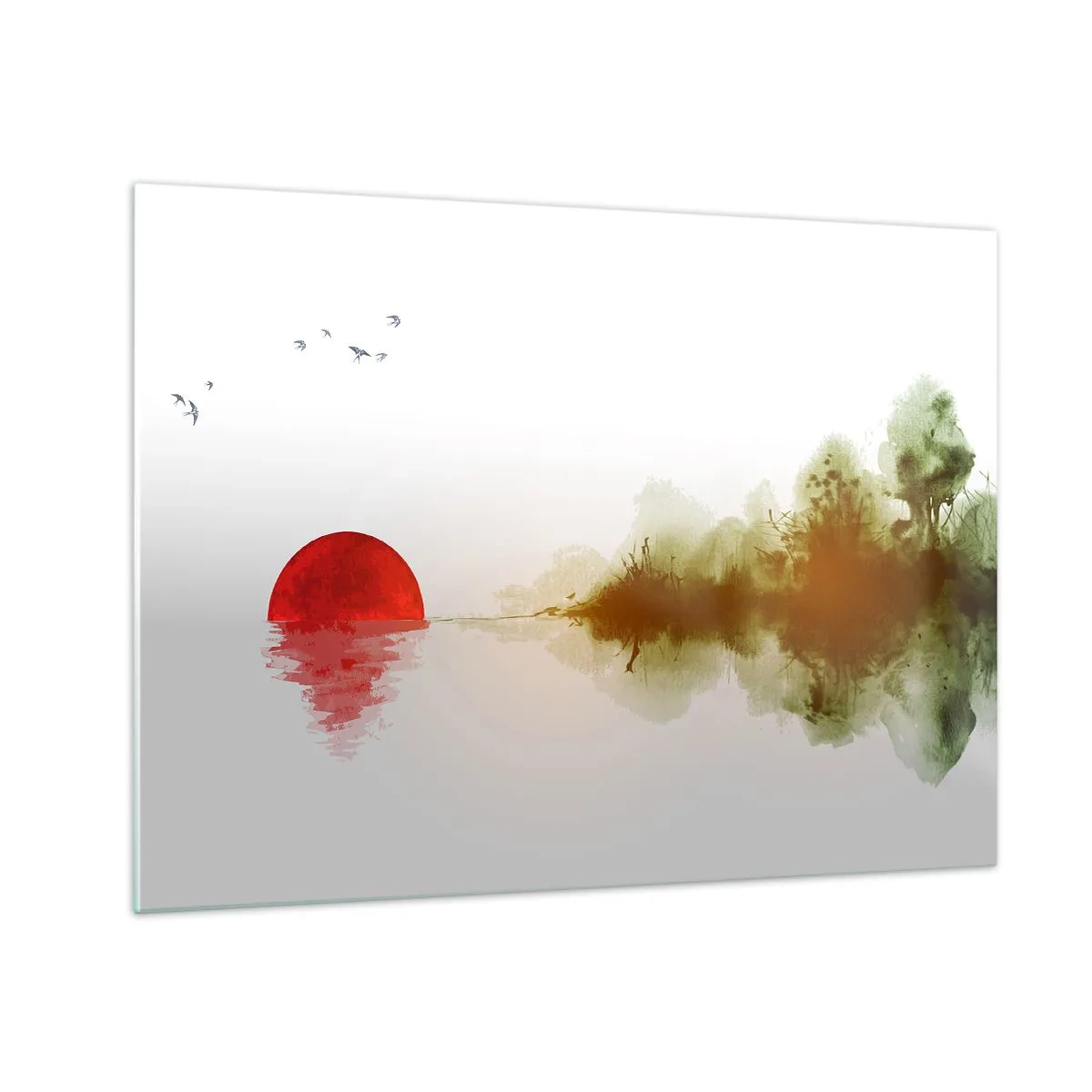 Obraz na skle - Rudé slunce nad vodou a obrys lesa - 70x50cm - Příslib klidu - Moderní nástěnná dekorace do obývacího pokoje a ložnice ARTTOR
