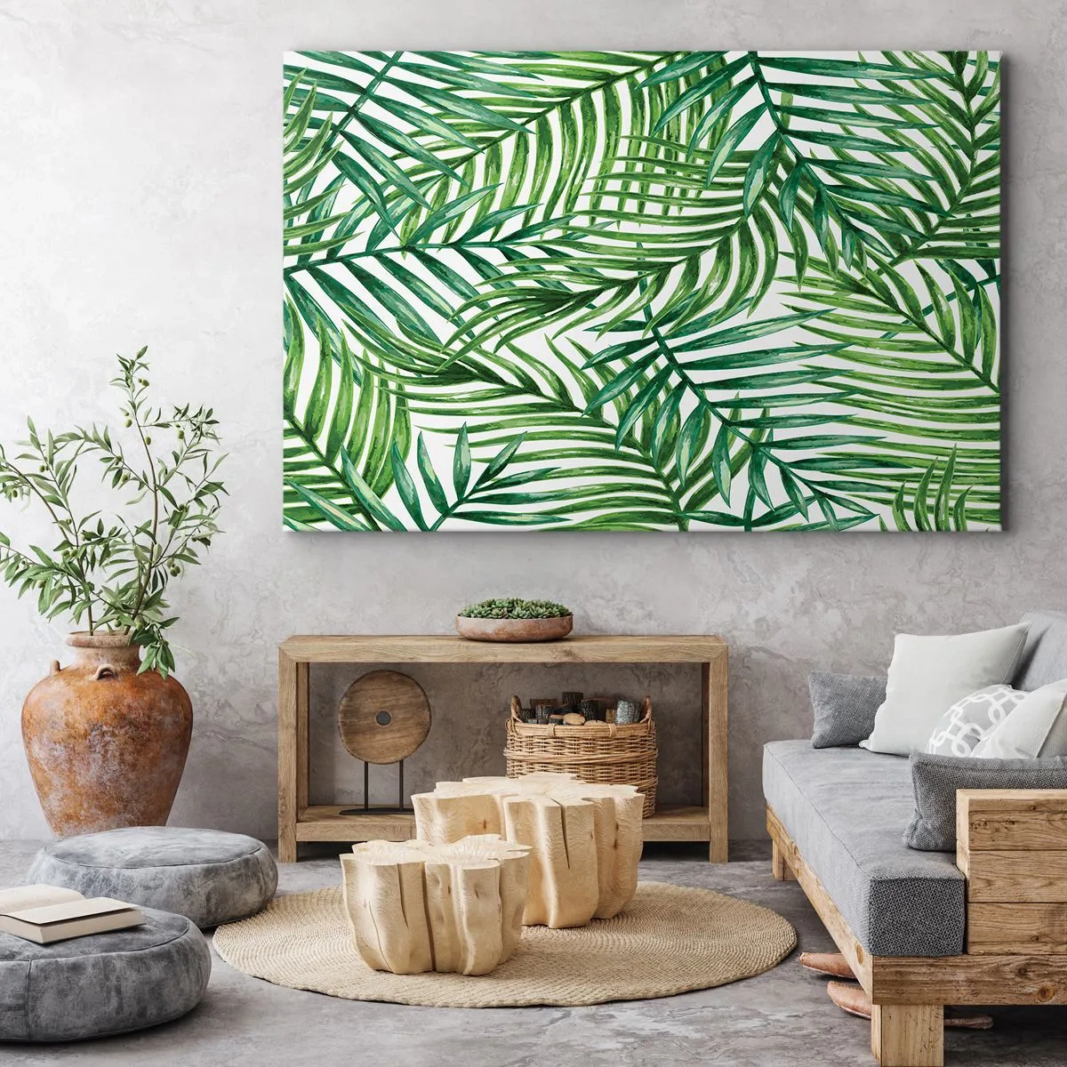 Obraz na plátně - Zelené tropické palmové listy na světlém pozadí - 70x50cm - Pod zeleným baldachýnem - Moderní nástěnná dekorace do obývacího pokoje a ložnice ARTTOR