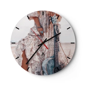 Nástěnné hodiny - Boho styl s kytarou na pláži a květinovými šaty - 30x30cm - Květinové děti na cestě - Moderní nástěnná dekorace do obývacího pokoje, kuchyně a ložnice ARTTOR