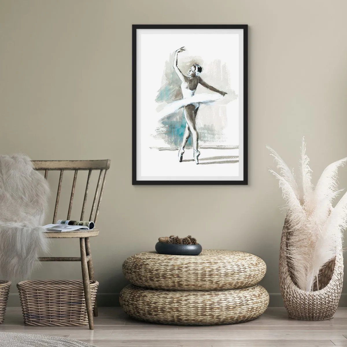 Plakát v černém rámu - Baletní tanečník v bílých šatech při vystoupení - 50x70cm - Zakletá do labutě - Moderní nástěnná dekorace do obývacího pokoje a ložnice ARTTOR