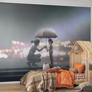 Fototapeta Standard Eco - Animovaná dešťová scéna s postavami a deštníkem v noci - 100x70cm - A vše je v pořádku - Moderní nástěnná dekorace do obývacího pokoje a ložnice ARTTOR