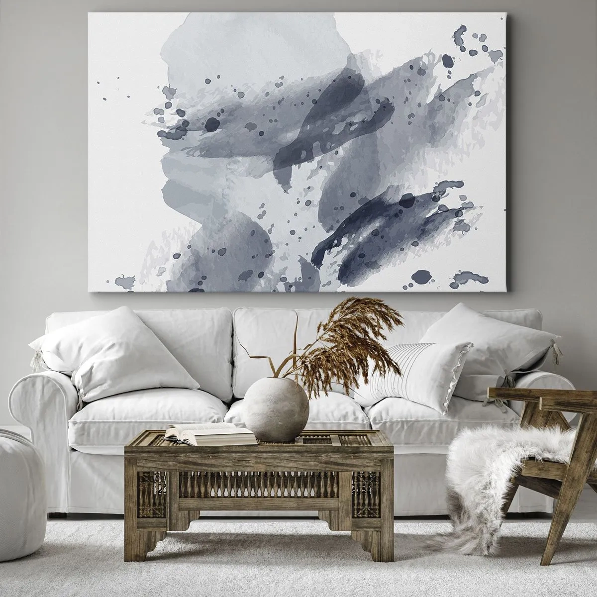 Obraz na plátně - Abstraktní skvrny v odstínech modré na světlém pozadí - 70x50cm - Studie o povaze vody - Moderní nástěnná dekorace do obývacího pokoje a ložnice ARTTOR