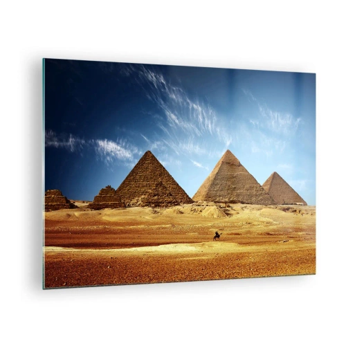 Obraz na skle - Pyramidy v Gíze proti modré obloze - 70x50cm - 40 století se na vás dívá - Moderní nástěnná dekorace do obývacího pokoje a ložnice ARTTOR