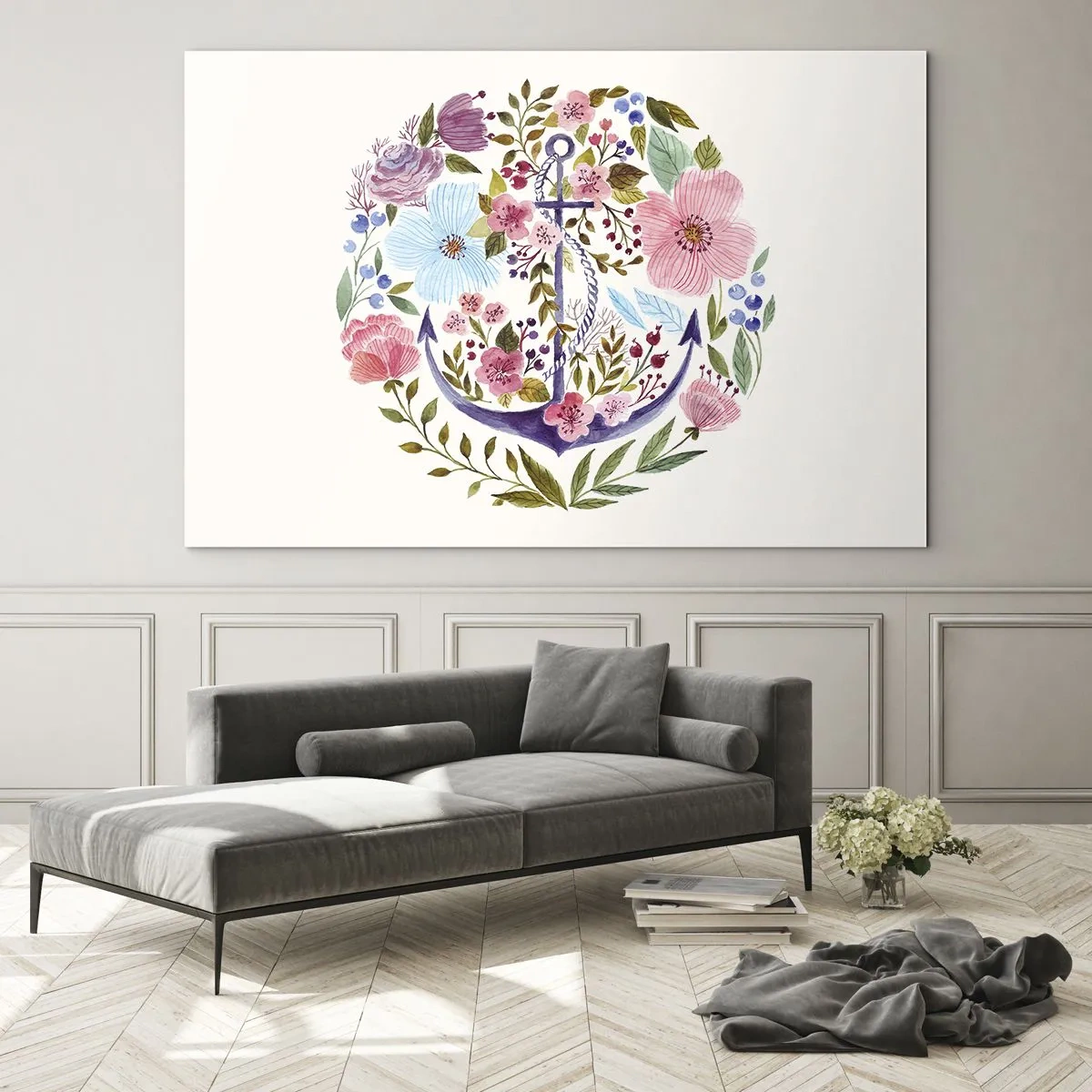 Obraz na skle - Kotva obklopená barevnými akvarelovými květy - 70x50cm - Námořníkův hezký sen - Moderní nástěnná dekorace do obývacího pokoje a ložnice ARTTOR