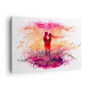 Obraz na plátně - Pár objímající se na pozadí abstraktního růžového a oranžového vzoru - 70x50cm - Jedno srdce! Potřebuji tak málo… - Moderní nástěnná dekorace do obývacího pokoje a ložnice ARTTOR