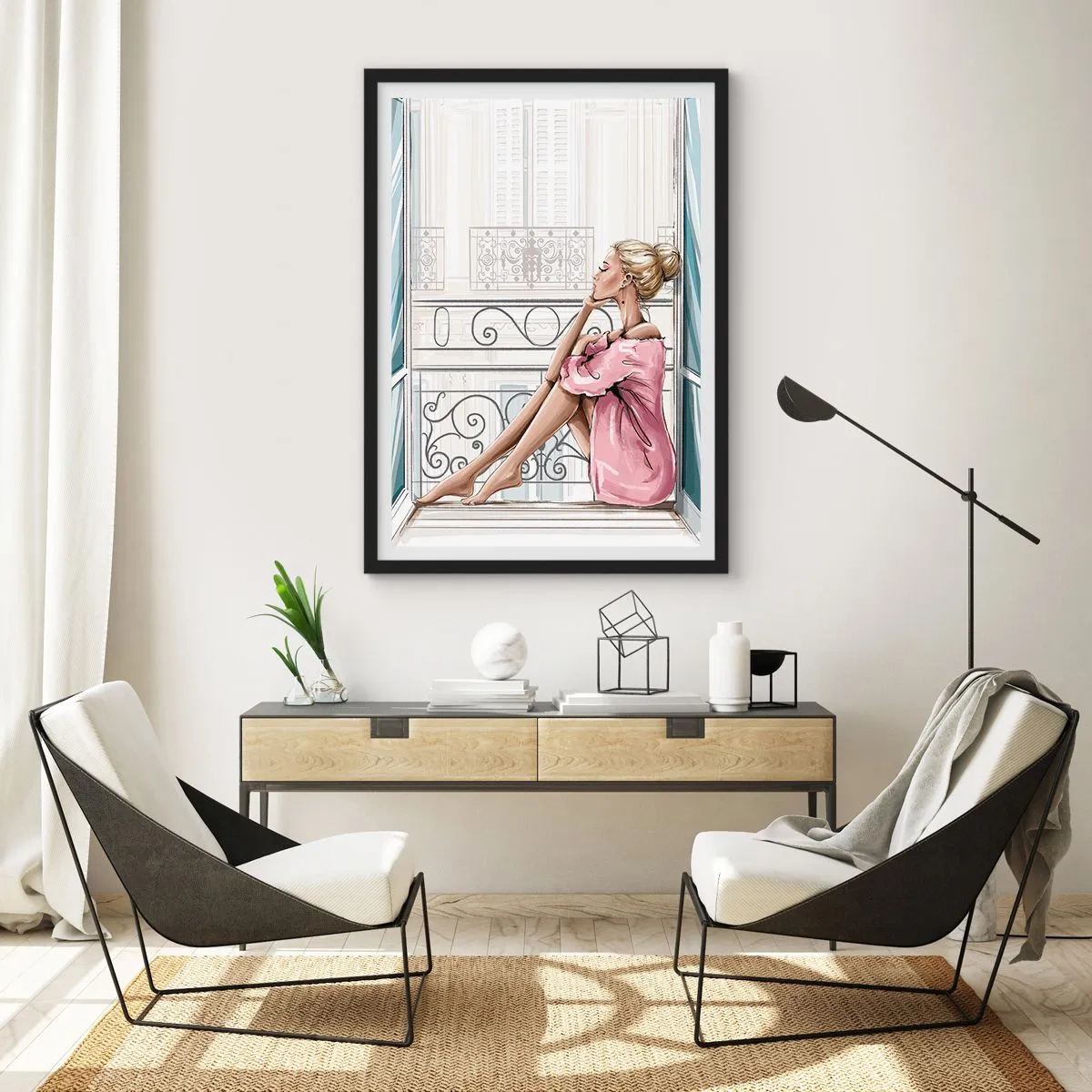 Plakát v černém rámu - Žena v růžovém županu sedí na balkóně - 50x70cm - Pařížské ráno - Moderní nástěnná dekorace do obývacího pokoje a ložnice ARTTOR
