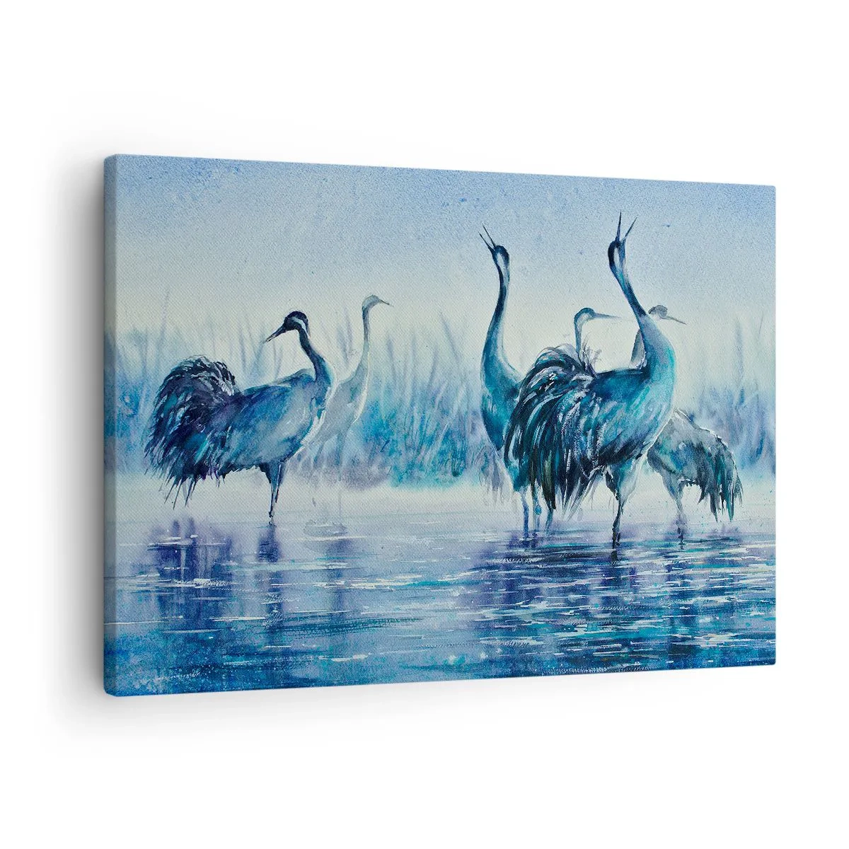 Obraz na plátně - Jeřábi na pozadí mlhy a vody v modrých tónech - 70x50cm - Ranní setkání - Moderní nástěnná dekorace do obývacího pokoje a ložnice ARTTOR