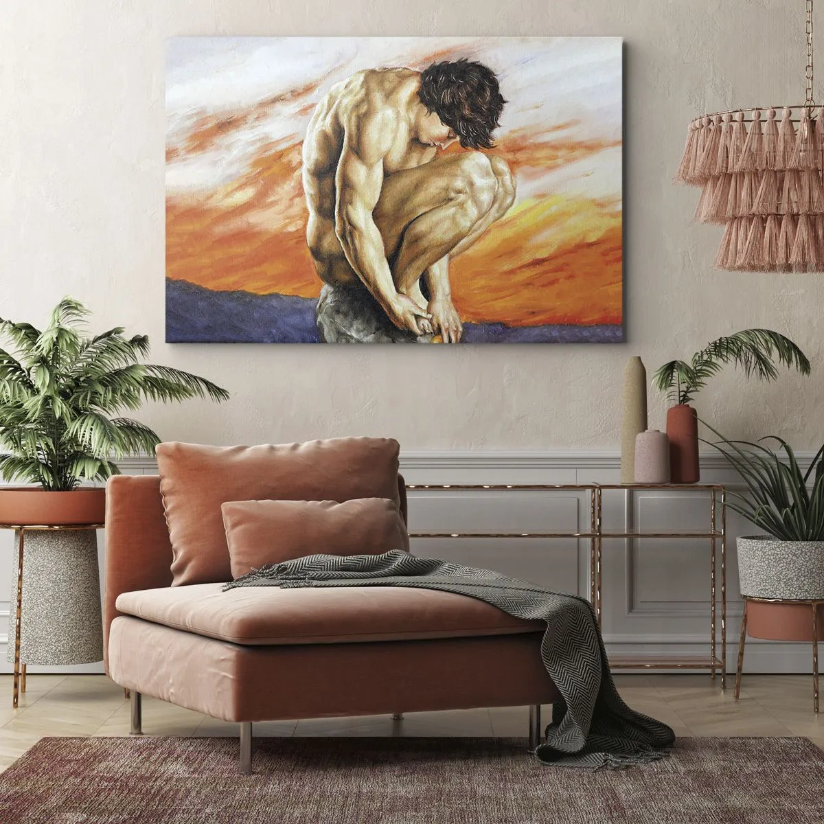Obraz na plátně - Muž ztracený v myšlenkách na pozadí západu slunce - 70x50cm - Ponořen do sebe - Moderní nástěnná dekorace do obývacího pokoje a ložnice ARTTOR