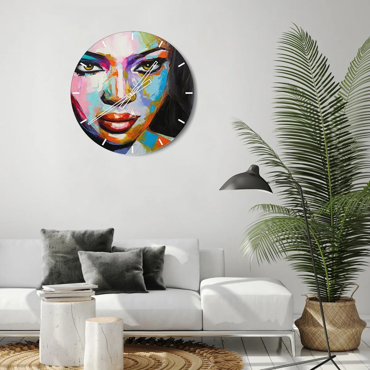 Nástěnné hodiny - Barevný portrét ženy v intenzivních barvách - 30x30cm - Nejde odtrhnout oči - Moderní nástěnná dekorace do obývacího pokoje, kuchyně a ložnice ARTTOR