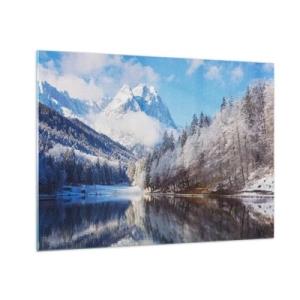 Obraz na skle - Zimní krajina s horami a zamrzlým jezerem - 70x50cm - Sněhová stráž - Moderní nástěnná dekorace do obývacího pokoje a ložnice ARTTOR