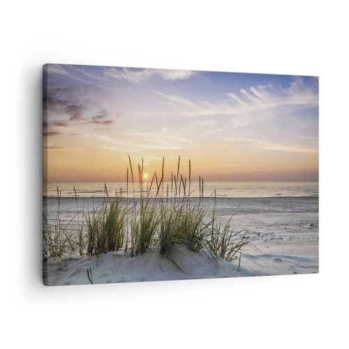 Obraz na plátně - Písečná pláž při západu slunce s trávou v pozadí - 70x50cm - Podívej se, představ si a pociť - Moderní nástěnná dekorace do obývacího pokoje a ložnice ARTTOR