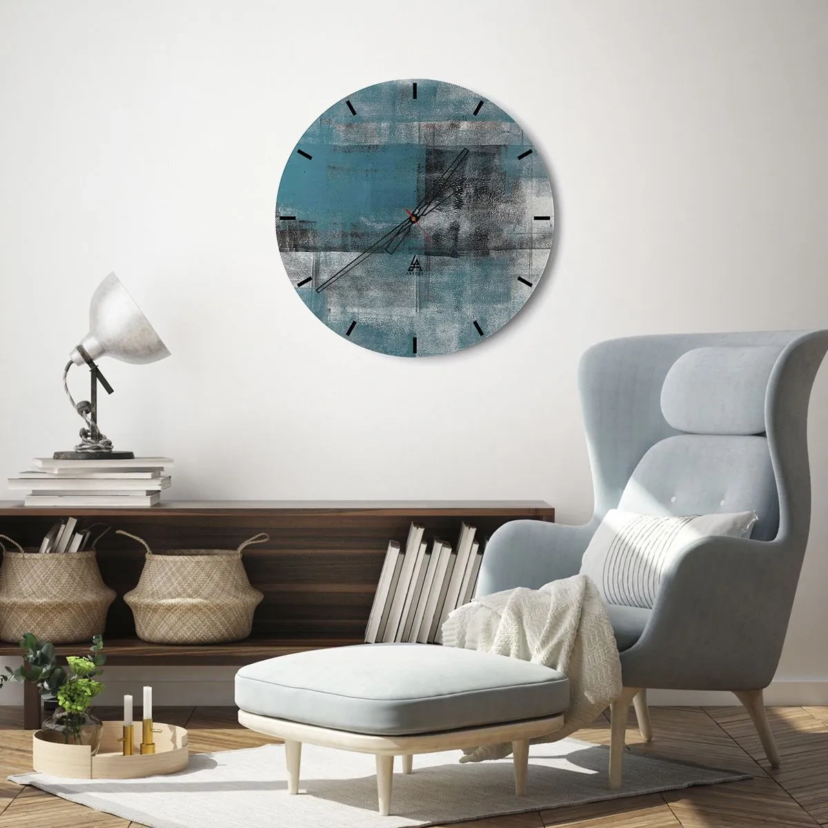 Nástěnné hodiny - Abstraktní vzor v odstínech tyrkysové a šedé - 30x30cm - Voda a vzduch - Moderní nástěnná dekorace do obývacího pokoje, kuchyně a ložnice ARTTOR