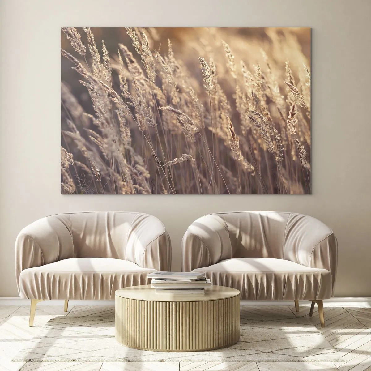Obraz na skle - Zlaté trávy ozářené paprsky zapadajícího slunce - 70x50cm - Připraveni přivítat podzim - Moderní nástěnná dekorace do obývacího pokoje a ložnice ARTTOR