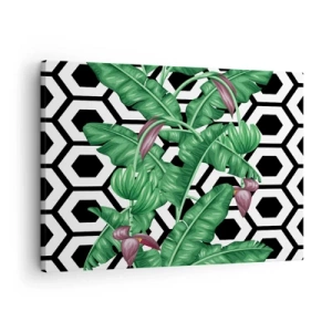Obraz na plátně - Tropické listy na geometrickém pozadí - 70x50cm - Symetrická kompozice z přírody - Moderní nástěnná dekorace do obývacího pokoje a ložnice ARTTOR