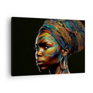 Obraz na plátně - Portrét ženy s barevným vzorem a turbanem - 70x50cm - Africká královna - Moderní nástěnná dekorace do obývacího pokoje a ložnice ARTTOR
