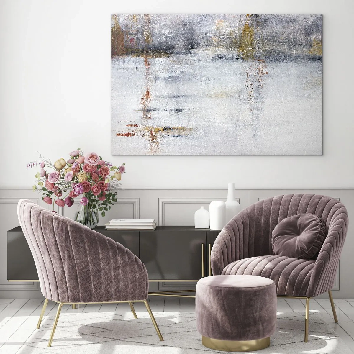 Obraz na skle - Abstraktní obraz s jemnou kombinací šedé, bílé a zlaté barvy. - 70x50cm - Za závojem vzduchu - Moderní nástěnná dekorace do obývacího pokoje a ložnice ARTTOR