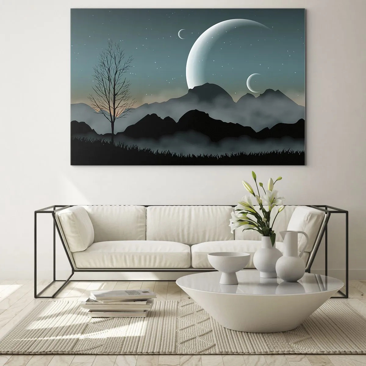 Obraz na skle - Měsíce nad horami s osamělým stromem a hvězdami - 70x50cm - Karneval hvězdné noci - Moderní nástěnná dekorace do obývacího pokoje a ložnice ARTTOR