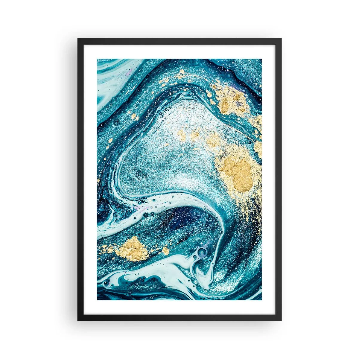 Plakát v černém rámu - Abstraktní vzor s odstíny modré a zlaté - 50x70cm - Modrý vír - Moderní nástěnná dekorace do obývacího pokoje a ložnice ARTTOR