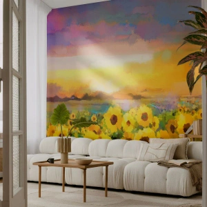 Fototapeta Standard Eco - Pole slunečnic v paprscích zapadajícího slunce - 100x70cm - Samotné slunce sestoupilo na zem - Moderní nástěnná dekorace do obývacího pokoje a ložnice ARTTOR