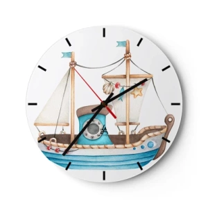 Nástěnné hodiny - Ilustrovaná dětská plachetnice s námořnickými dekoracemi - 30x30cm - Ahoj, dobrodružství! - Moderní nástěnná dekorace do obývacího pokoje, kuchyně a ložnice ARTTOR