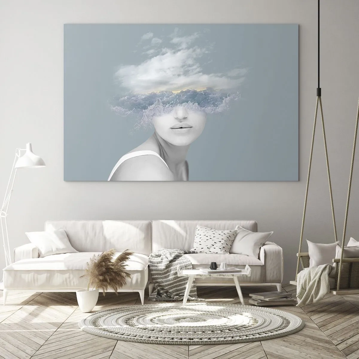 Obraz na skle - Ženská tvář splývá s oblohou a mraky v surrealistické vizi. - 70x50cm - S hlavou v oblacích - Moderní nástěnná dekorace do obývacího pokoje a ložnice ARTTOR