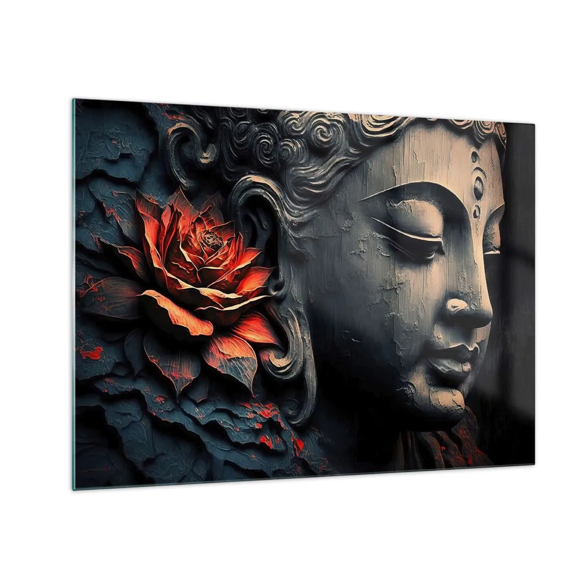 Obraz na skle - Profil meditující postavy s červenou květinou na tmavém pozadí. - 70x50cm - V souladu se světem - Moderní nástěnná dekorace do obývacího pokoje a ložnice ARTTOR