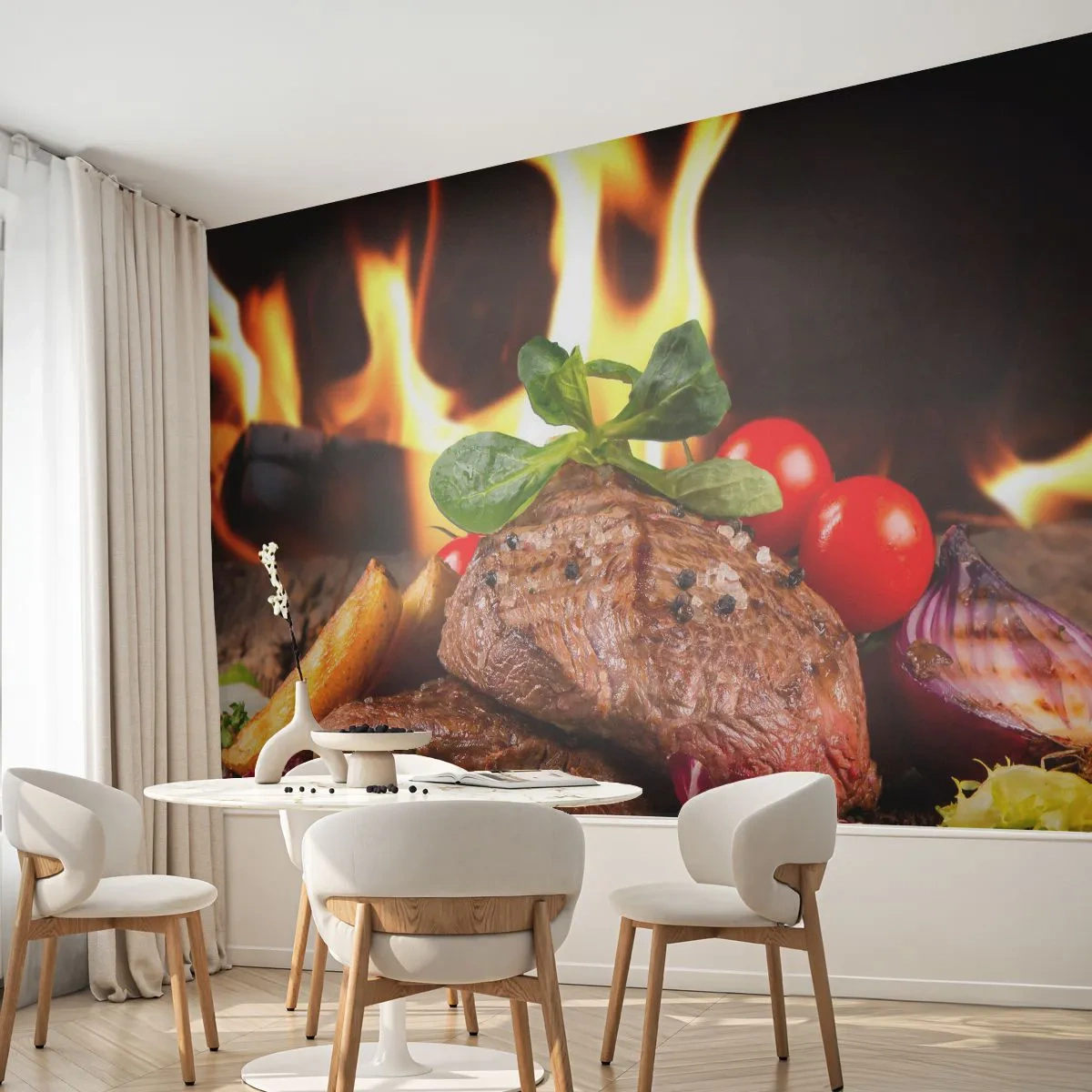 Fototapeta Samolepicí Deluxe Sticker - Vykouzlené žárem - Gastronomie, steak, Plameny ohně - 250x175 cm