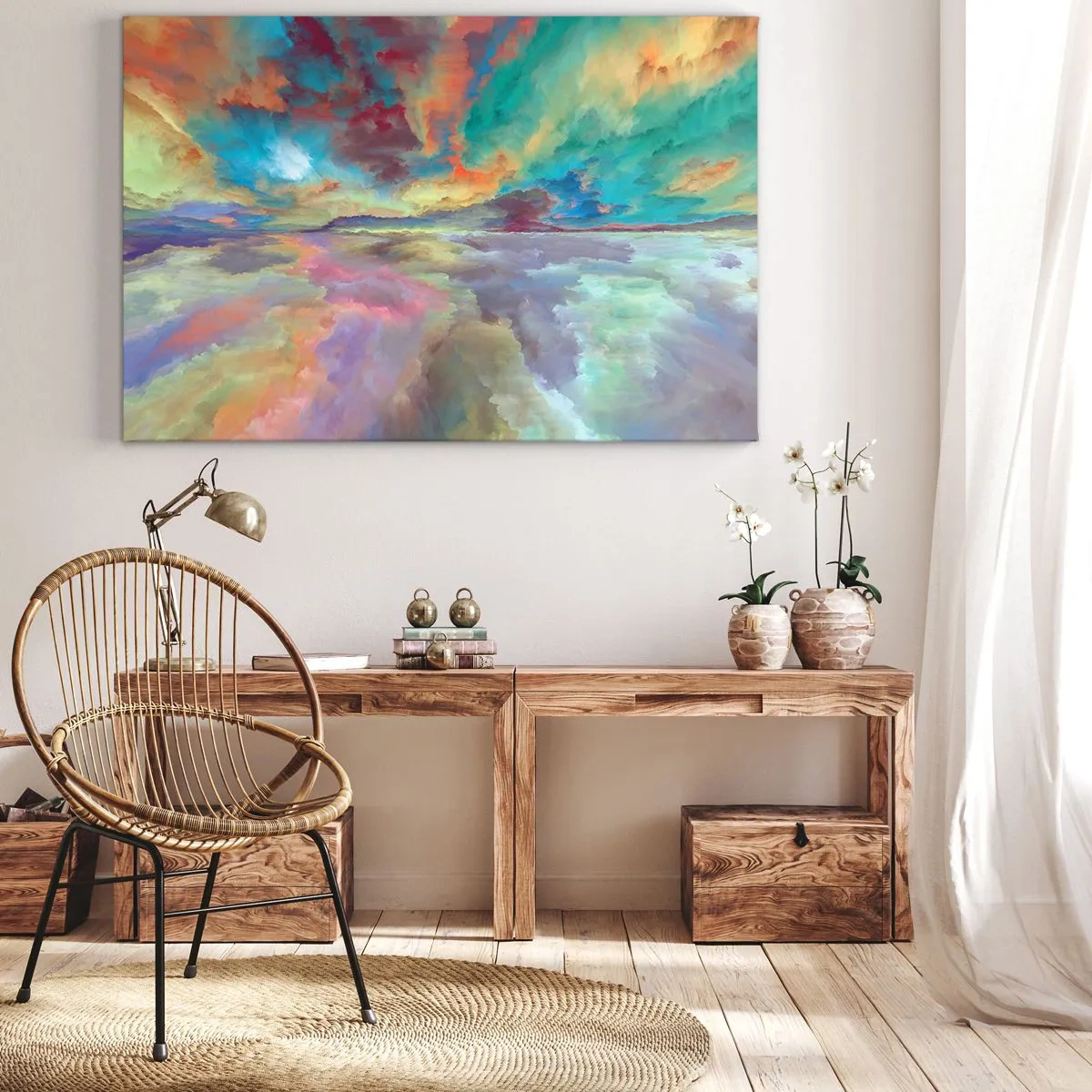 Obraz na plátně - Barevná oblačná krajina v abstraktním stylu - 70x50cm - Dvě nebe - Moderní nástěnná dekorace do obývacího pokoje a ložnice ARTTOR