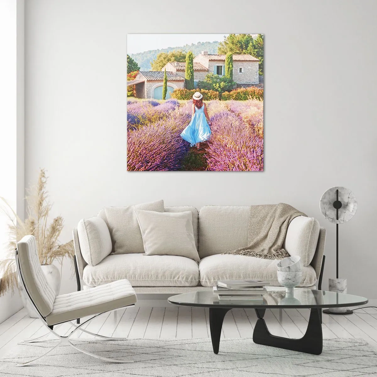 Obraz na skle - Levandulová dívka - 70x70 cm