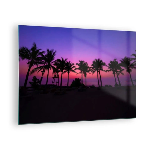 Obraz na skle - Palmy na pozadí fialově růžového západu slunce - 70x50cm - Večer pod palmami - Moderní nástěnná dekorace do obývacího pokoje a ložnice ARTTOR