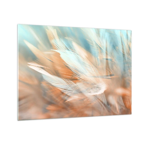 Obraz na skle - Jemné peří v pastelových odstínech tyrkysové a broskvové - 70x50cm - V krajině něhy - Moderní nástěnná dekorace do obývacího pokoje a ložnice ARTTOR