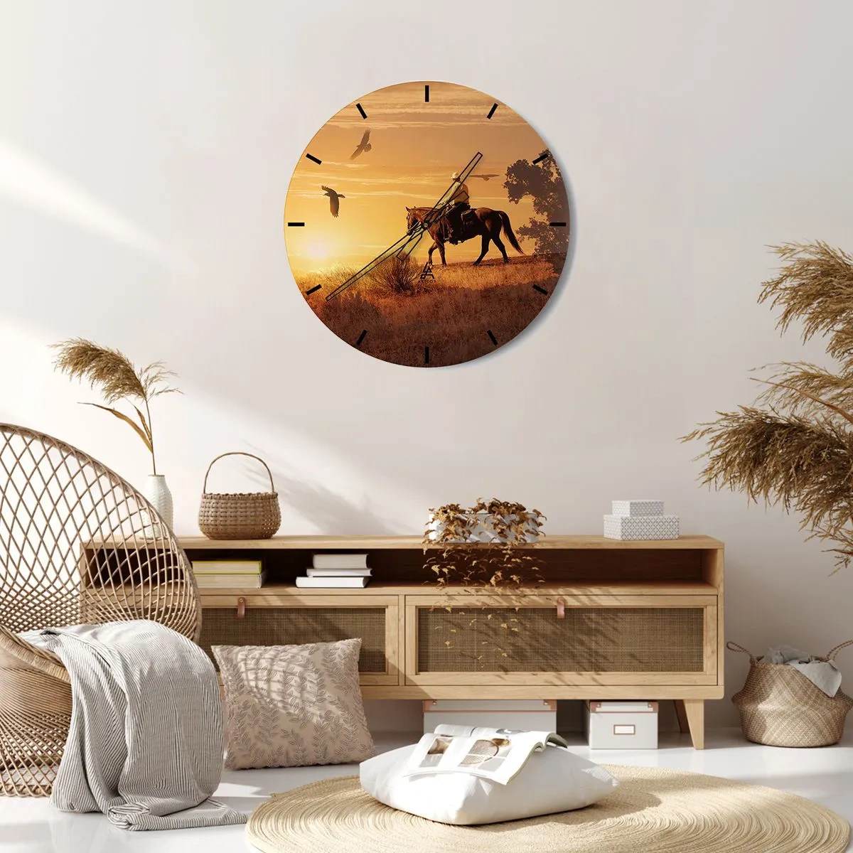 Nástěnné hodiny - Kovboj na koni při západu slunce - 30x30cm - Sám prérií - Moderní nástěnná dekorace do obývacího pokoje, kuchyně a ložnice ARTTOR
