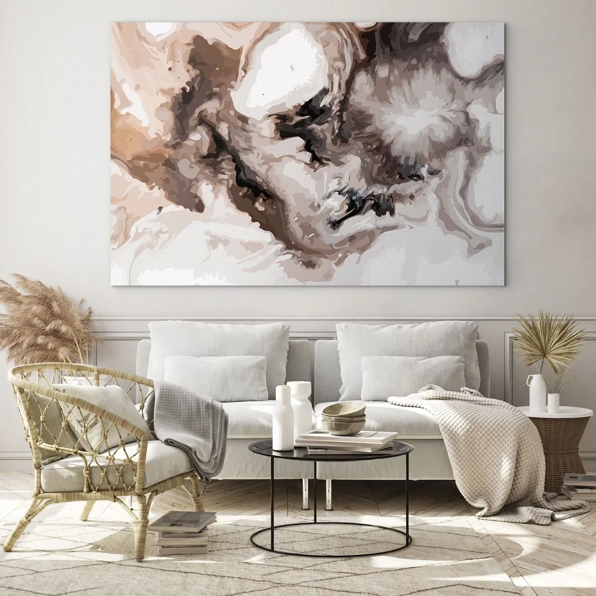 Obraz na skle - Abstraktní vzor v odstínech hnědé, béžové a bílé - 70x50cm - Zrození galaxie - Moderní nástěnná dekorace do obývacího pokoje a ložnice ARTTOR