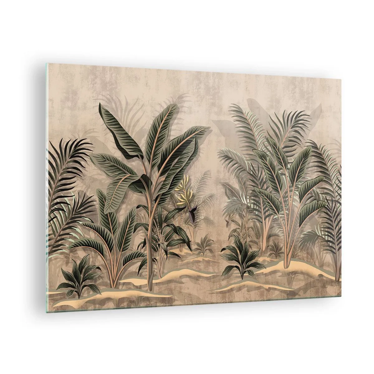 Obraz na skle - Tropické rostliny na béžovém pozadí v koloniálním stylu - 70x50cm - Rytina v koloniálním stylu - Moderní nástěnná dekorace do obývacího pokoje a ložnice ARTTOR