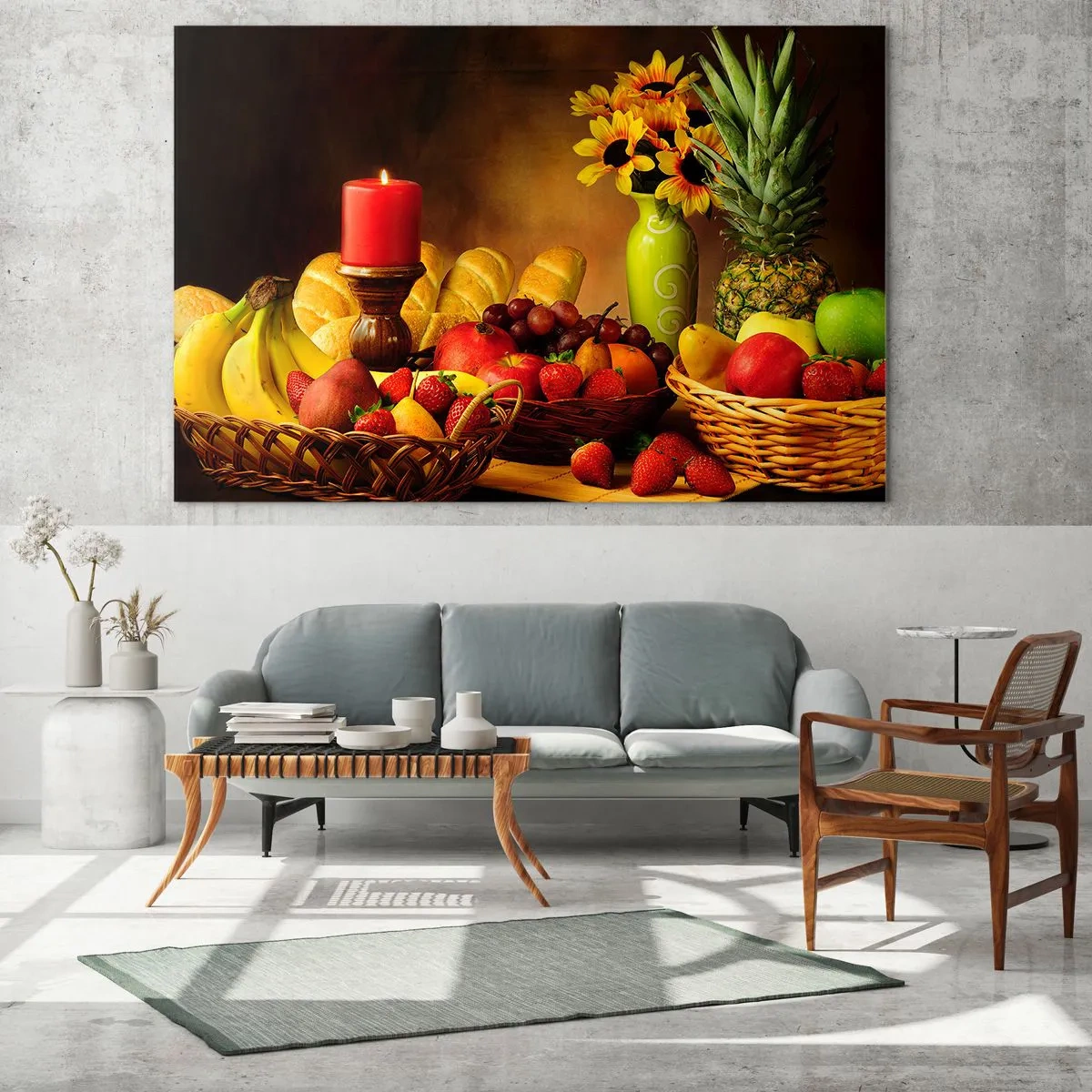 Obraz na skle - Kompozice z ovoce, chleba a svíčky v rustikálním stylu - 70x50cm - Zátiší s pečivem a ovocem - Moderní nástěnná dekorace do obývacího pokoje a ložnice ARTTOR