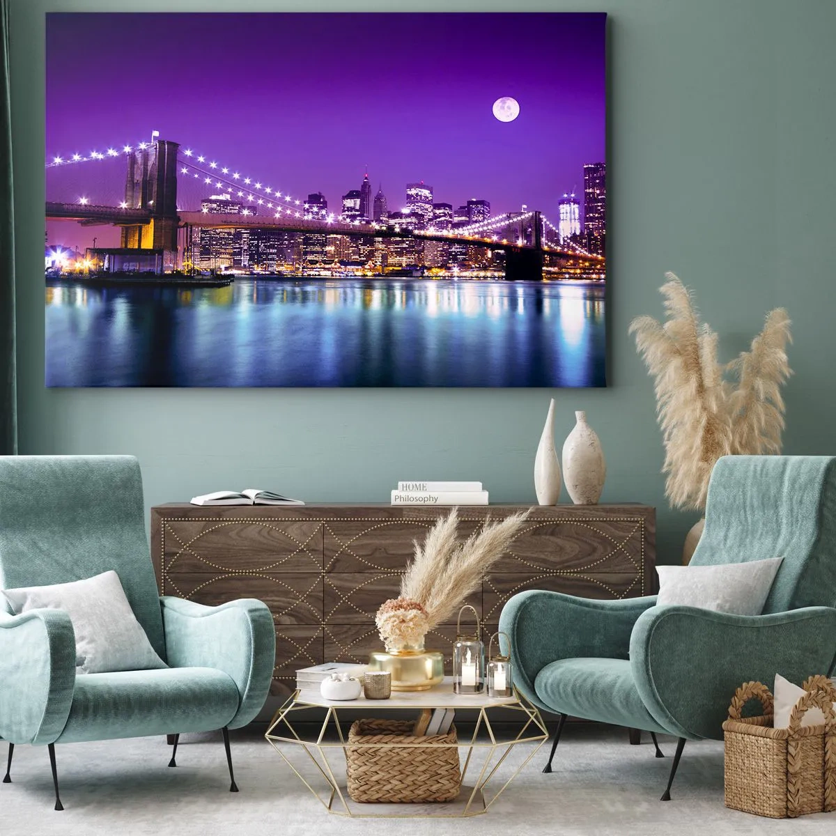 Obraz na plátně - Brooklynský most v noci s osvětleným městem a úplňkem - 70x50cm - Světla velkoměsta ve fialové - Moderní nástěnná dekorace do obývacího pokoje a ložnice ARTTOR