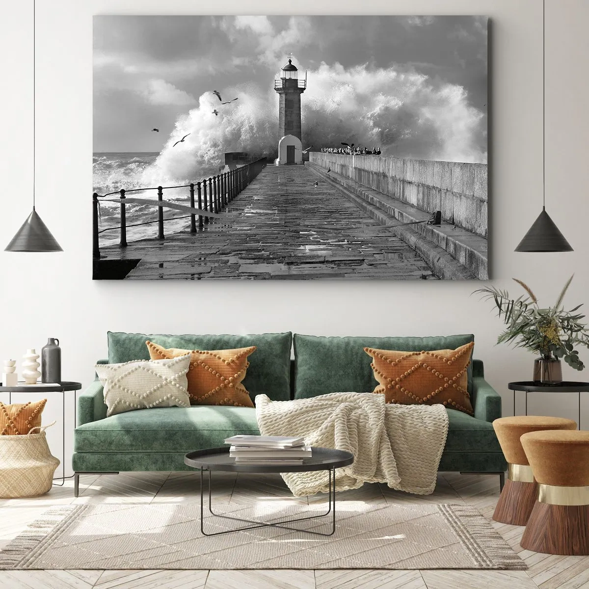Obraz na plátně - Maják obklopený vlnami během bouře - 70x50cm - Nebojácná - Moderní nástěnná dekorace do obývacího pokoje a ložnice ARTTOR
