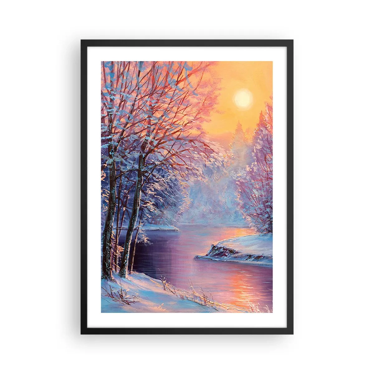 Plakát v černém rámu - Zimní krajina s řekou v záři zapadajícího slunce - 50x70cm - Barvy zimy - Moderní nástěnná dekorace do obývacího pokoje a ložnice ARTTOR