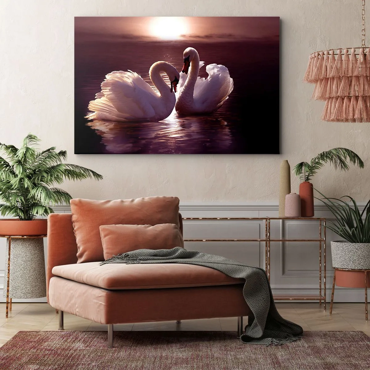 Obraz na plátně - Dvě labutě na klidném jezeře při západu slunce - 70x50cm - Dokud nás smrt nerozdělí - Moderní nástěnná dekorace do obývacího pokoje a ložnice ARTTOR