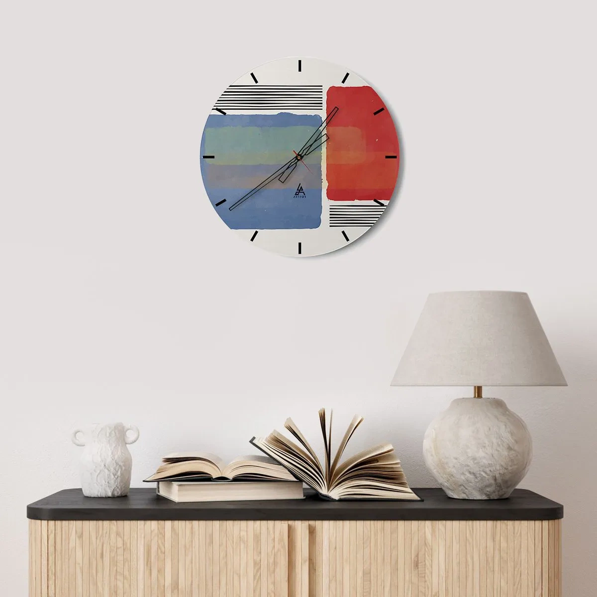 Nástěnné hodiny - Barevné abstraktní obdélníky a čáry na světlém pozadí - 30x30cm - Duch a písmeno geometrie - Moderní nástěnná dekorace do obývacího pokoje, kuchyně a ložnice ARTTOR