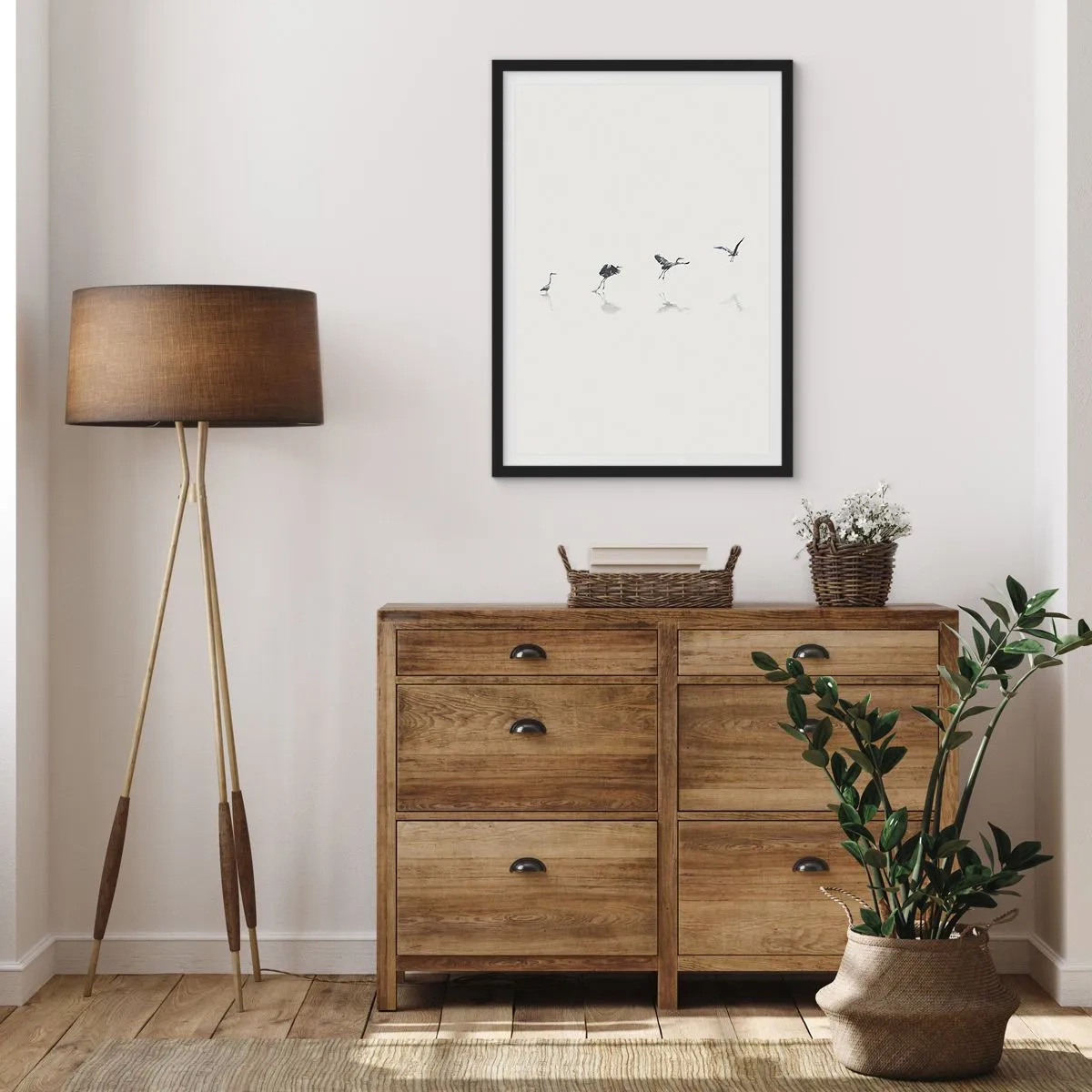 Plakát v černém rámu - Minimalistická kompozice ptáků u vody - 50x70cm - Čtyři jednoduché kroky - Moderní nástěnná dekorace do obývacího pokoje a ložnice ARTTOR