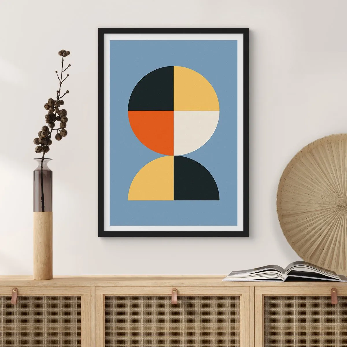 Plakát v černém rámu - Geometrický motiv ve tvaru kruhu a půlkruhu na modrém pozadí - 50x70cm - Koukej a počítej - Moderní nástěnná dekorace do obývacího pokoje a ložnice ARTTOR