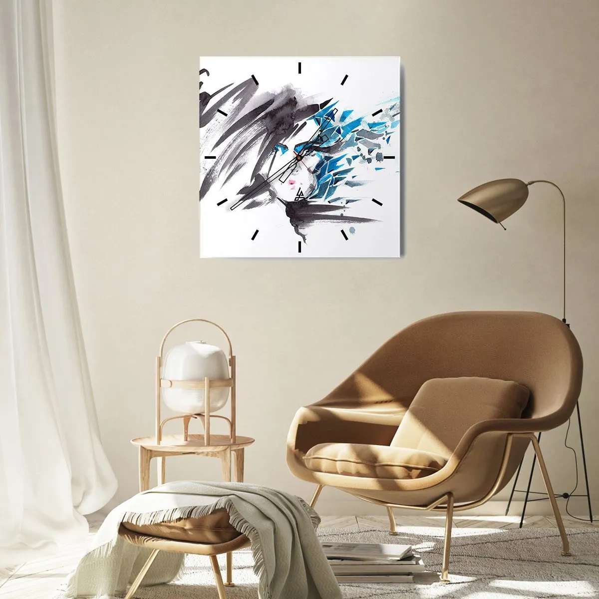 Nástěnné hodiny - Smyslný portrét v šedé a modré - 40x40 cm