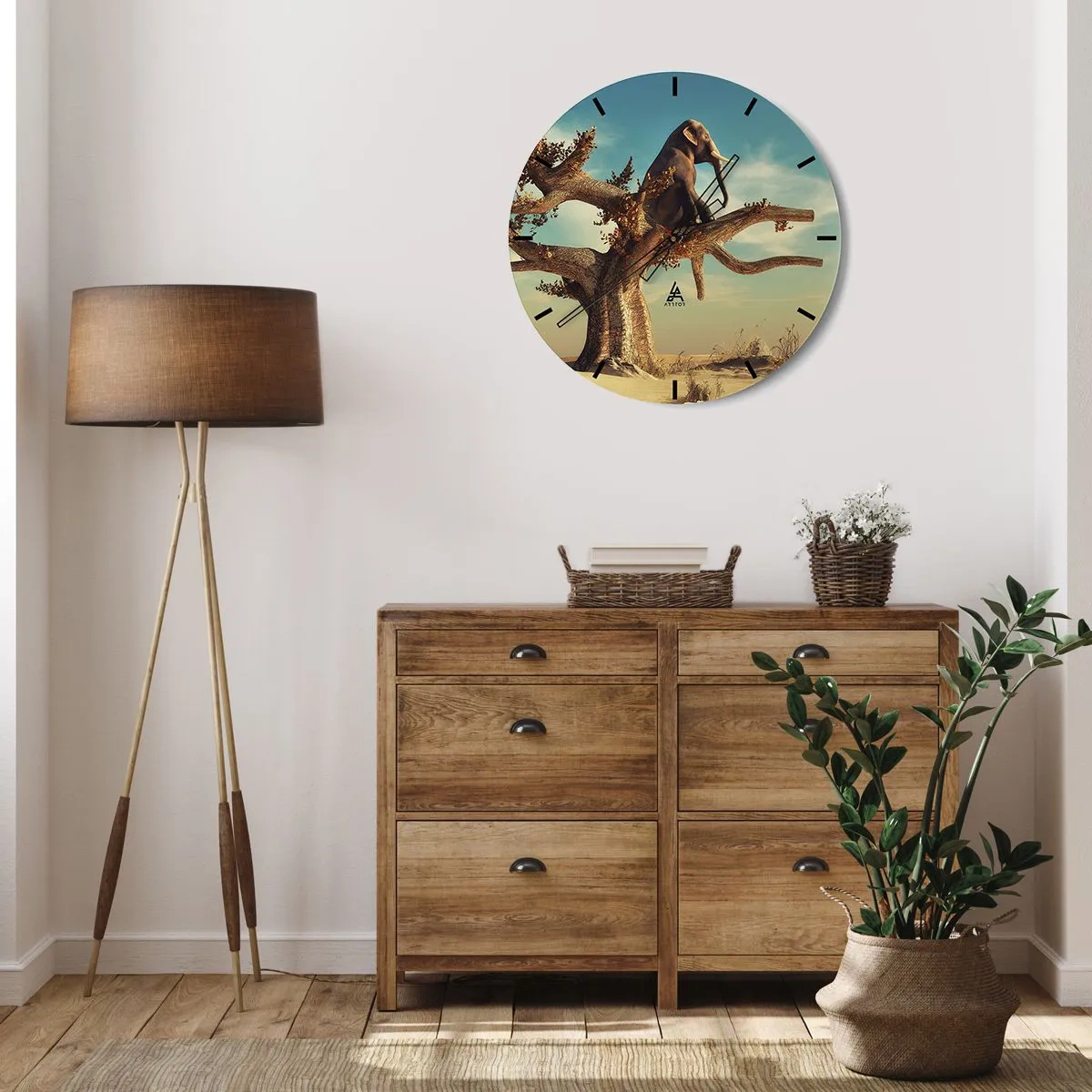 Nástěnné hodiny - Slon sedící na stromě v surrealistické krajině - 30x30cm - Nový úhel pohledu - Moderní nástěnná dekorace do obývacího pokoje, kuchyně a ložnice ARTTOR