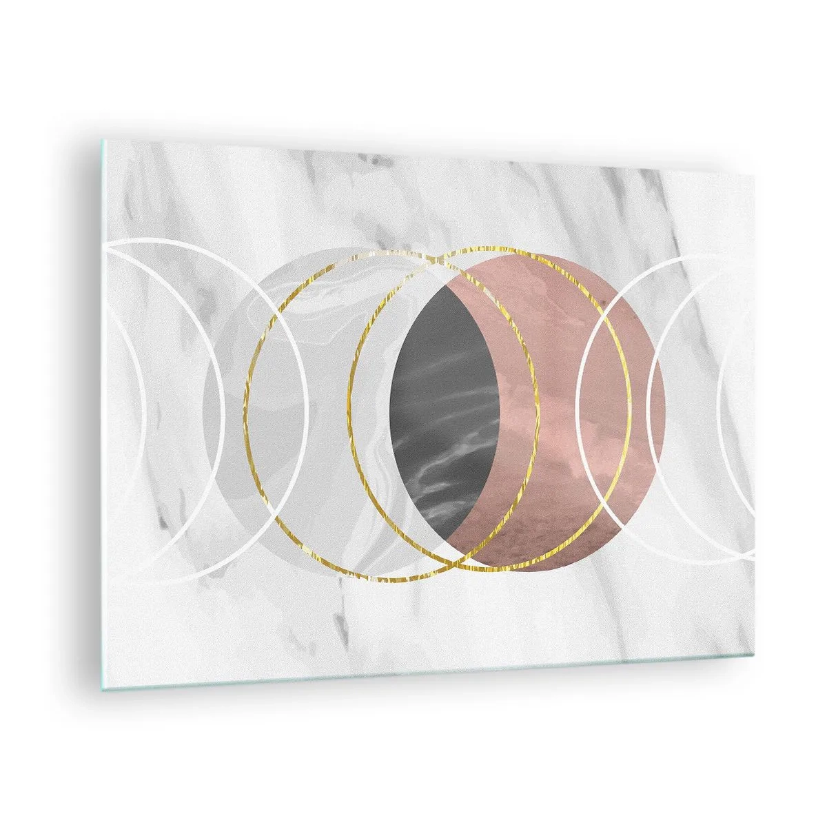 Obraz na skle - Geometrické kruhy v odstínech mědi, zlata a mramoru - 70x50cm - Hudba sfér - Moderní nástěnná dekorace do obývacího pokoje a ložnice ARTTOR