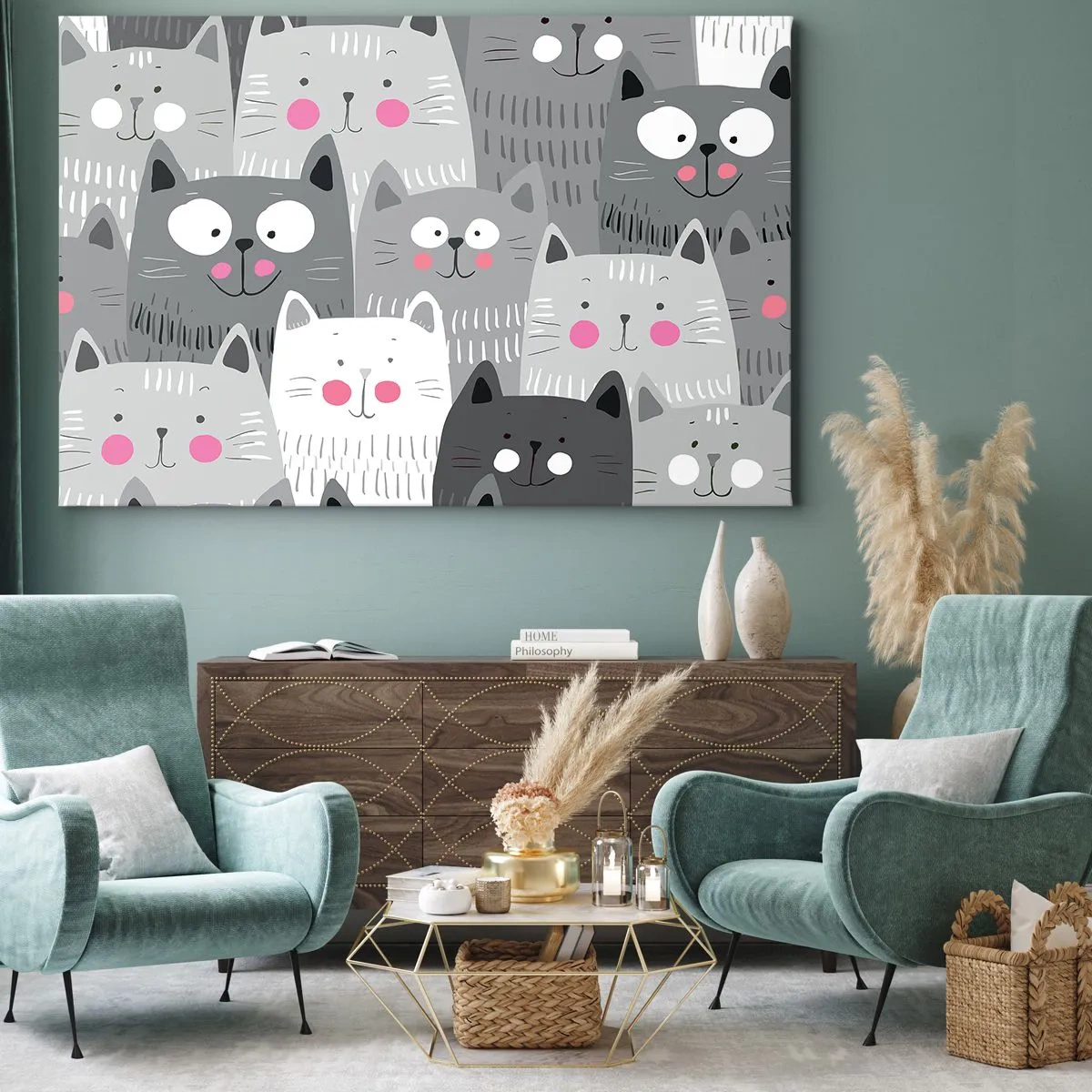 Obraz na plátně - Zábavný vzor s kočkami v odstínech šedé - 70x50cm - Kočičí svět - Moderní nástěnná dekorace do obývacího pokoje a ložnice ARTTOR