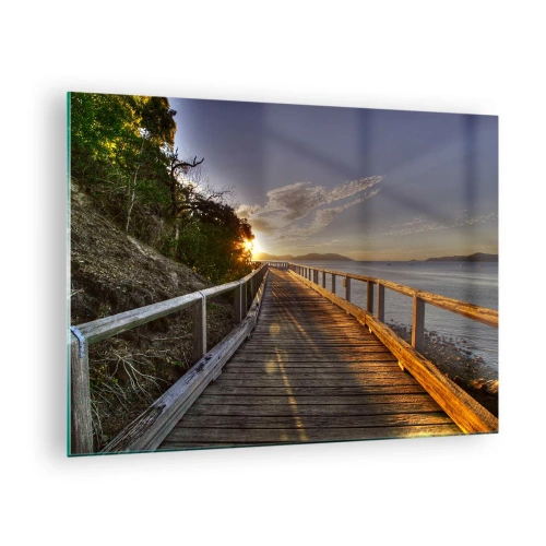 Obraz na skle - Dřevěná lávka při západu slunce - 70x50cm - Jít, stále jít směrem ke slunci - Moderní nástěnná dekorace do obývacího pokoje a ložnice ARTTOR