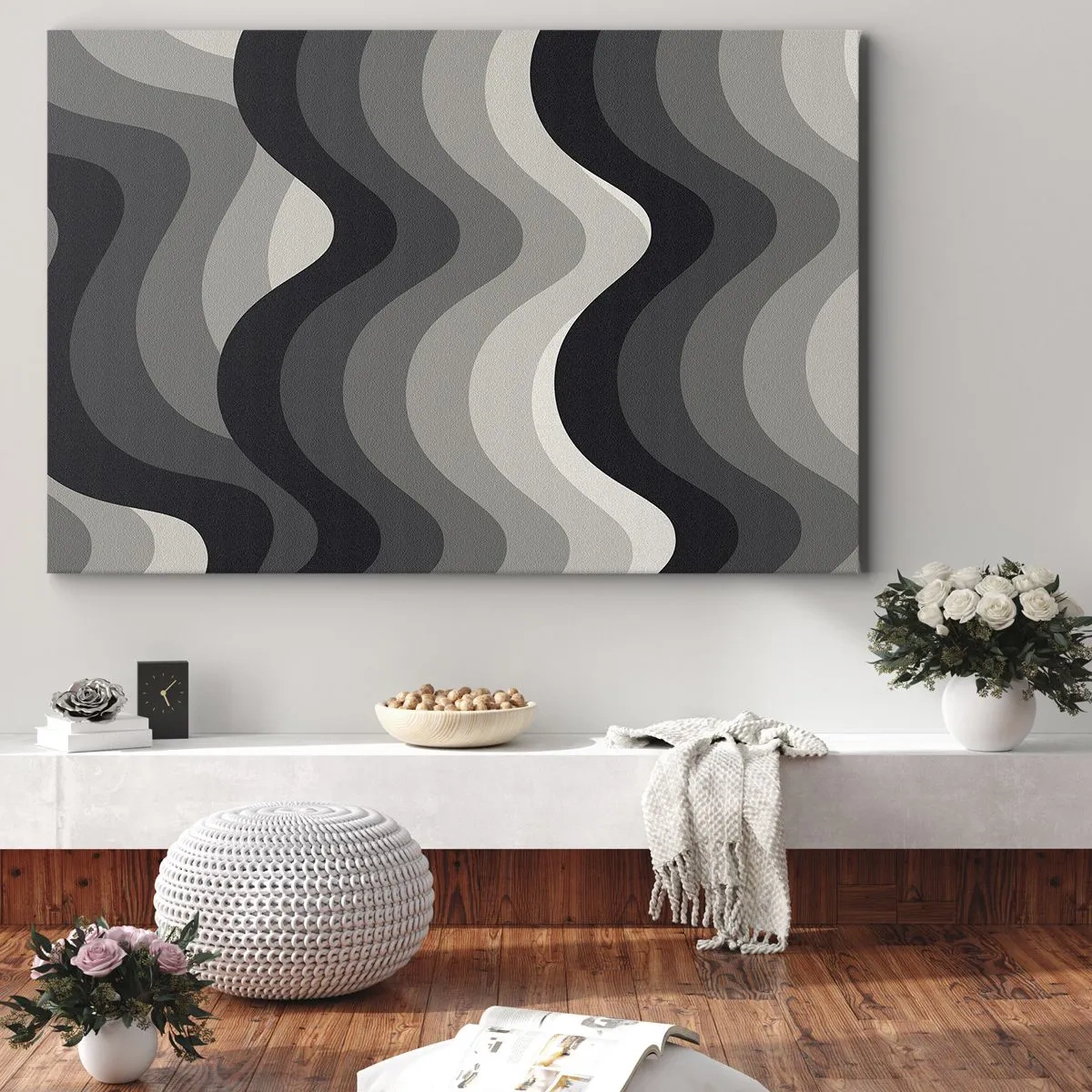 Obraz na plátně - Černobílé vlnité vzory v odstínech šedé - 70x50cm - Vlna za vlnou - Moderní nástěnná dekorace do obývacího pokoje a ložnice ARTTOR